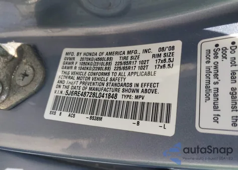 2008 Honda Cr-V Ex-L из США, поврежденный, VIN 5J6RE48728L041848